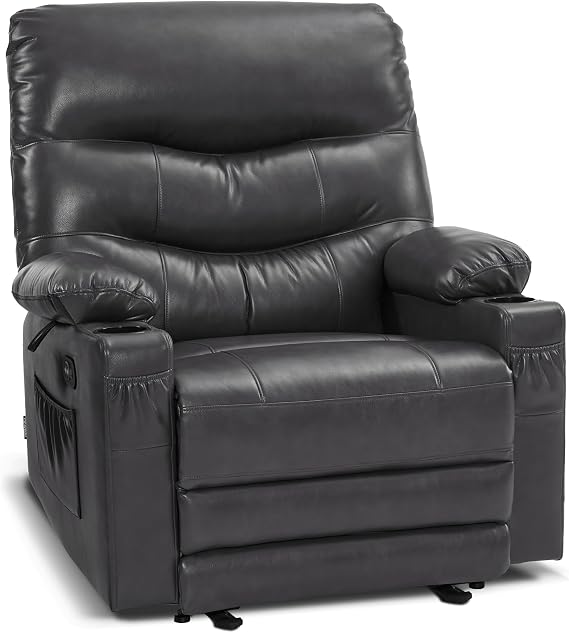 MCombo Large Power Recliner Chair with Heat and Vibration, Cup Holder, USB Port, Faux Leather Electric Reclining for Living Room PR659 (Dark Grey)