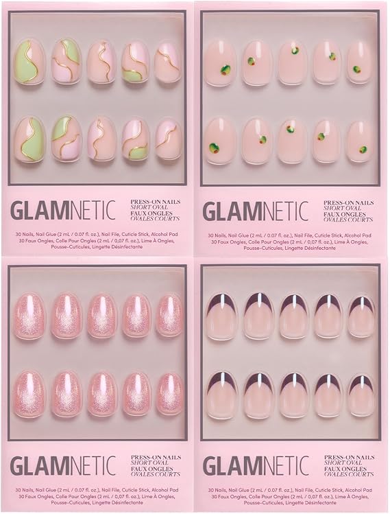 Glamnetic Press-On Nails Bundle - Sweet Sips | 4 Short Oval Fake Nails Inspired by Artisanal Drinks | Glossy & Glazed Cafe-Inspired Designs | Durable, Salon-Quality Nail Kits