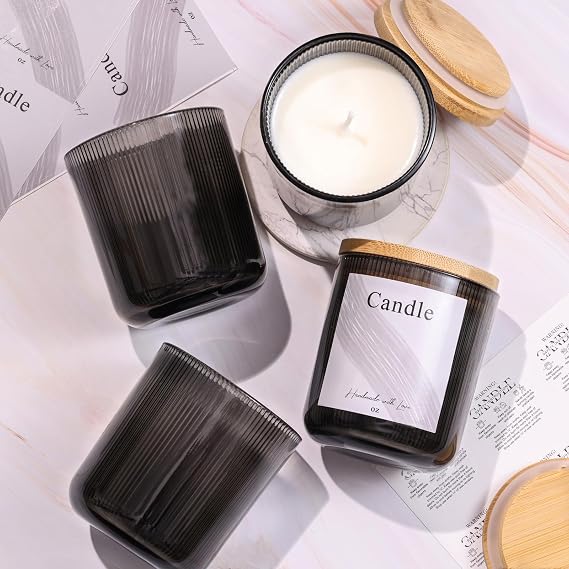 10 oz Glass Candle Jars, 9 Pack Candles Jars for Making Candles, Inner Ribbed Candle Containers Vessels Bulk with Labels for Home Decor/Holiday Gift Crafting - Grey