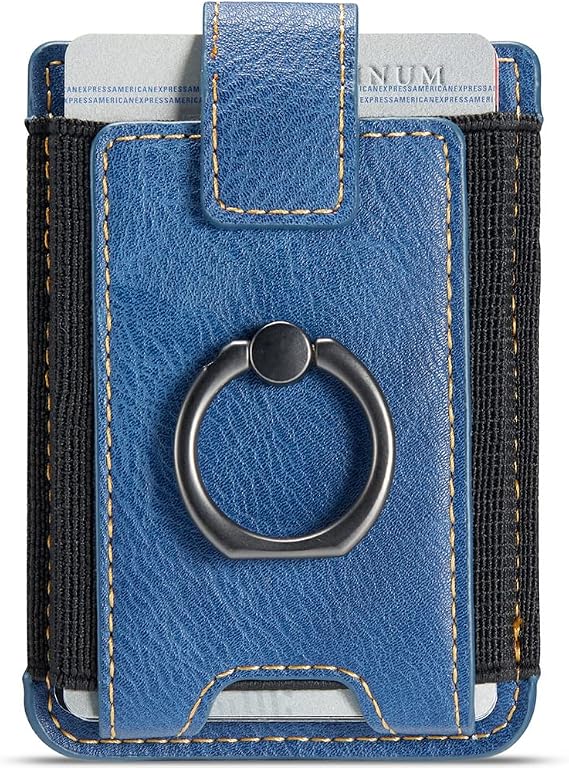Phone Card Holder with Ring Grip for Back of Phone,Adhesive Stick-on Credit Card Wallet Pocket for iPhone,Android and Smartphones (Blue)