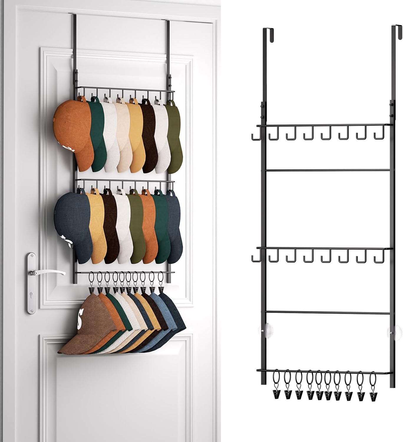 HapiRm Over Door Hat Rack - 3 Tier Wall Mounted Hat Holder with 16 Hooks and 10 Movable Clips, Cap Hanger Storage Hat Organiser up to 26 Caps for Door, Bedroom, Closet USPTO Patent Pending