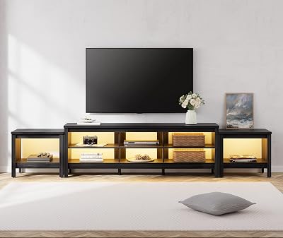 WAMPAT Large LED TV Stand for 85 Inch TV with 9 Cubby, Classic Entertainment Center for 75-100 Inch TV, Black