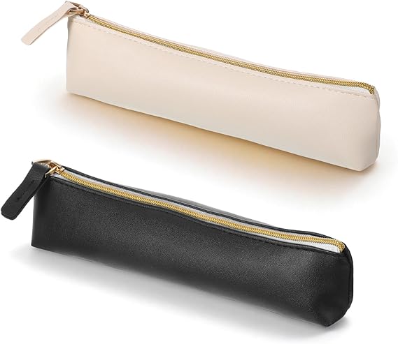 2Pcs Mini Makeup Pouch, PU Leather Makeup Brush Bag with Zipper Portable Soft Cosmetic Organizer Pouch Waterproof Slim Small Lipstick Bag for Women Travel Storage (Black, Beige)
