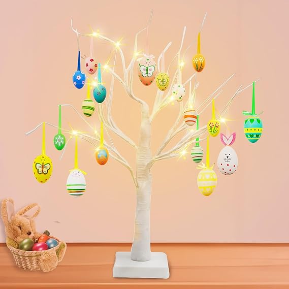 AUXHCYL Easter Twig Tree with LED Lights - Battery/USB Powered Timer Function, 60cm Table Decorations with Various Eggs, Home Gifts (24 LEDs, 18 Eggs)