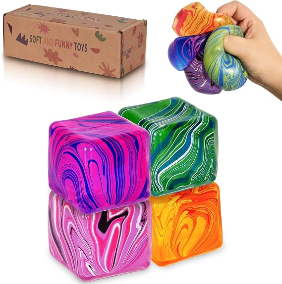 Squeeze Toys Squishy Cubes – 1.97in Marbled Squishy Cube Stress Ball for Autism, Durable Flow Pattern Squeeze Toy for Adults and Children Age 3+ (4pc)