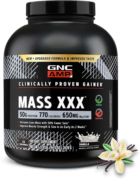 GNC AMP Mass , Clinically Proven Weight Gainer Protein Powder, Improves Strength and Size, 780 Calories, 50g Protein, Micronized Amino Acids, Creatine, Betaine, Vanilla, 13 Servings, 6 Pounds
