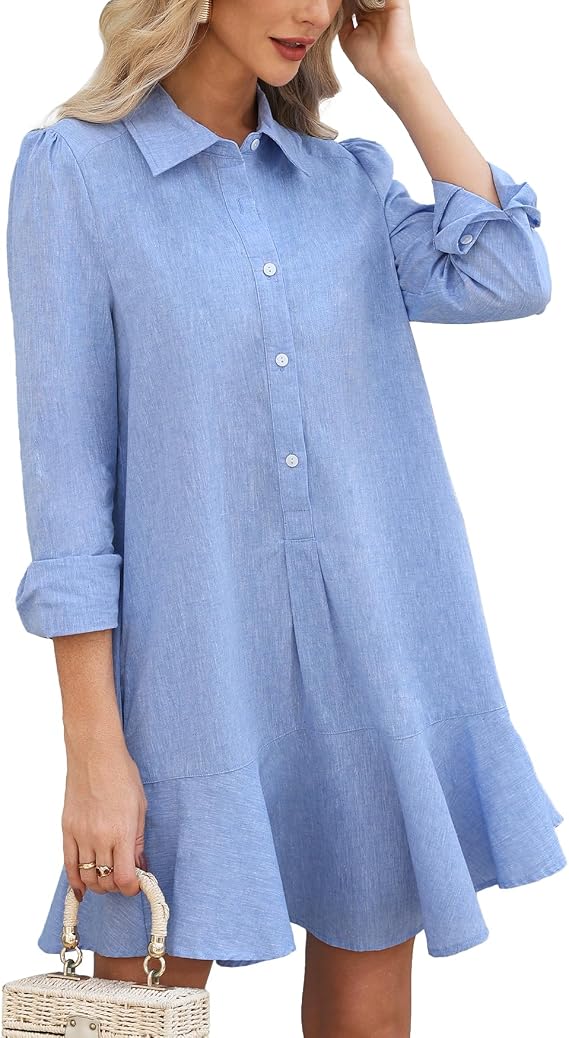 Kedera Womens Tunic Shirt Mini Dress Long Sleeves Short Dress Button Up Ruffle Hem Shift Dresses with Pockets