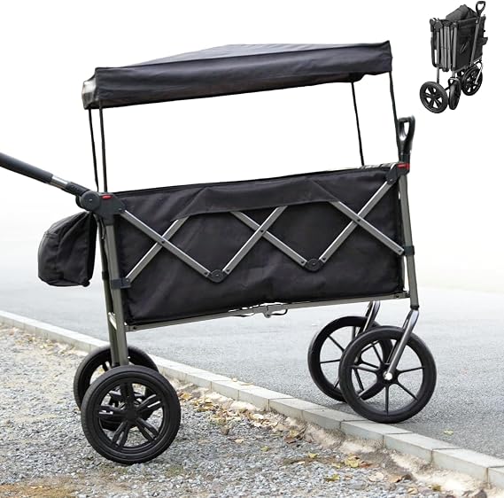 Wagon for Kids with 12'' Big Front Wheels, All-Terrain Wagon Stroller Glides Over Curbs & Cracks, Foldable Push Pull Cart with Removable Canopy & 5-Point Harness