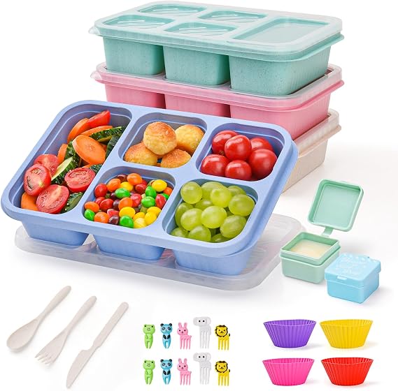 4 Pack Bento Snack Box, 5 Compartment Lunchable Snack Containers, Stackable Bento Lunch Boxes for Kids & Adults, Reusable Meal Prep Lunch Containers for School，Work and Travel