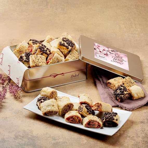Dulcet Gift Baskets Get Well Gifts Basket Flavored Flaky Rugelah Gift Tin -Chocolate Chip-Cinnamon- Raspberry Apricot Gift for Birthdays, Holidays, Sympathy & Get Well- for Men, Women, Corporate, Friends & Family