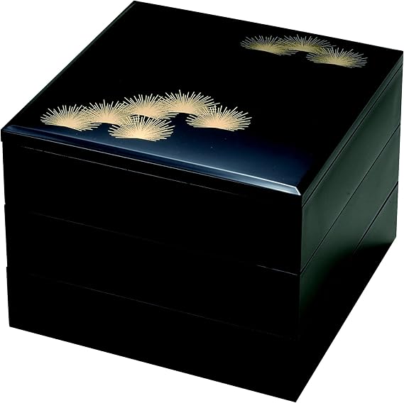 若泉漆器 3段重箱 7寸若菜重 黒 若松 内黒 H-159-10-a