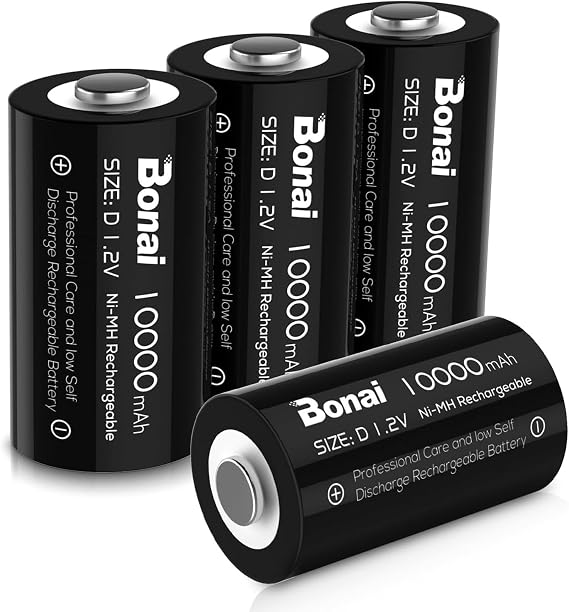 BONAI Rechargeable D Batteries, 10,000mAh High Capacity 1.2V Ni-MH Battery Cell, Long-Lasting Power for Baby Swings, Flashlights & Toys, Pre-Charged & Low Self-Discharge (Size D, 4 Pack)
