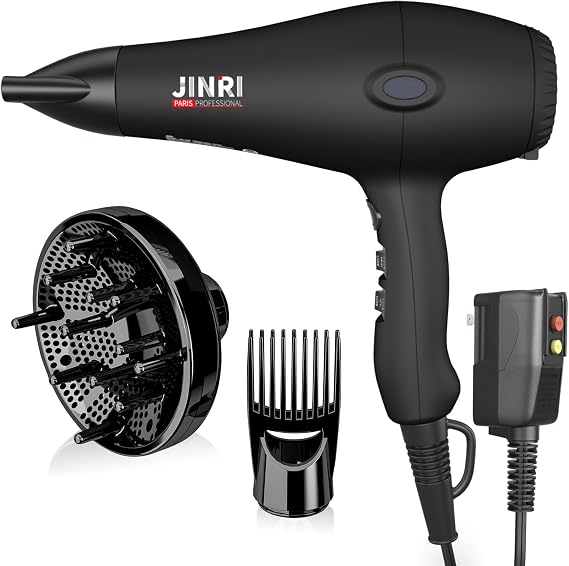 Hair Dryer - JINRI 1875W Diffuser Blow Dryer for Salon & Personal Use Powerful, Fast Drying with Diffuser & Nozzle and Comb for Women & Men, ALCI Safety Plug, Black-Blue