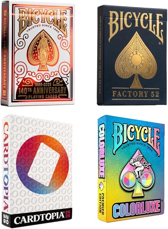 Cardtopia 2025 Collection - Limited Edition Collectible Decks, Bicycle 140th, Colorluxe, Cardtopia Event Exclusive, and U.S. Playing Card Factory 52 Playing Card Deck Collection Display