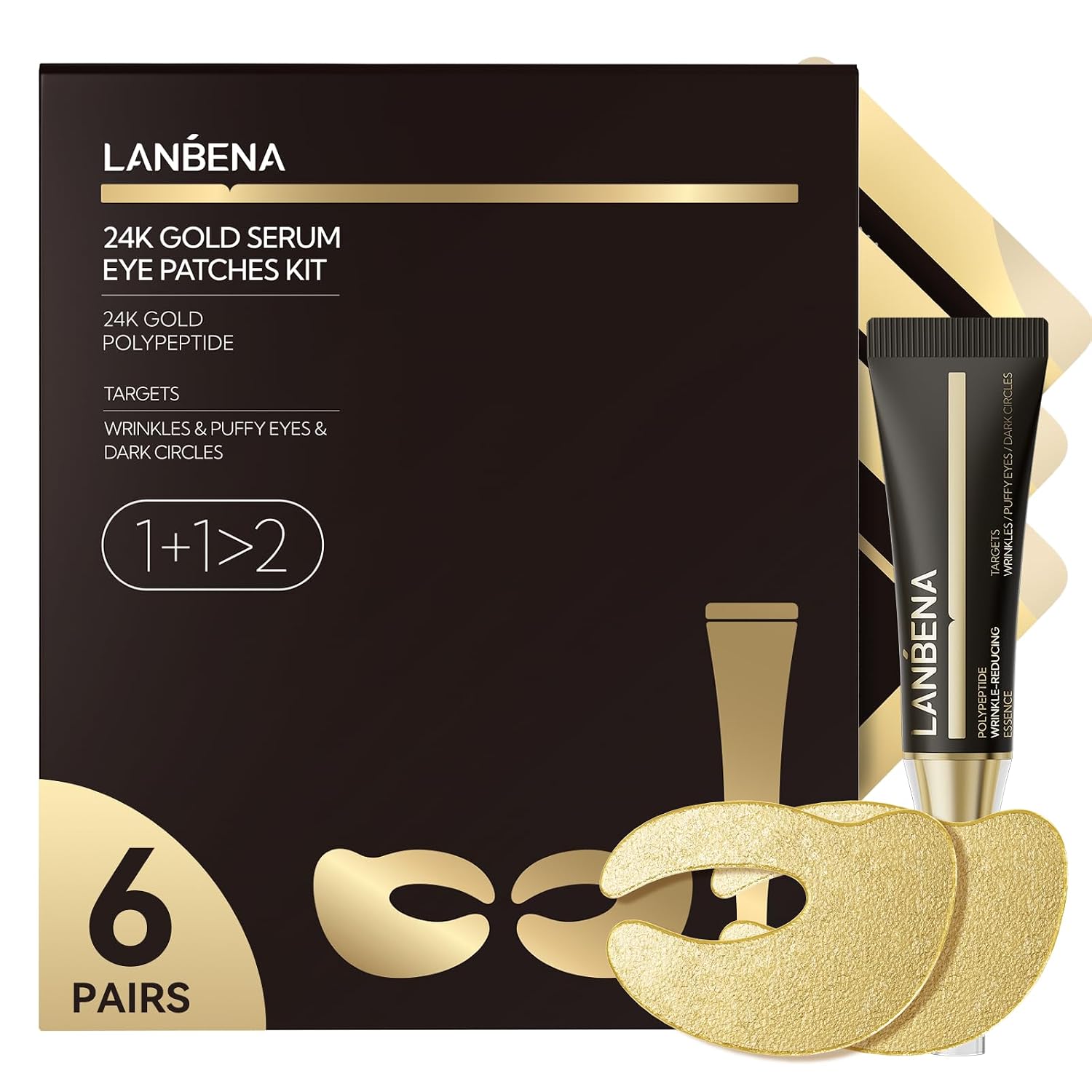 LANBENA Under Eye Patches 6 Pairs, Wrinkle-Reduce Essence0.27 Fl.Oz, 24K Gold Full Around Gel Serum Mask, Puffy Undereye Treament, Fine Lines, Refresh, Hydrate| Paraben free, Eye Skin Care