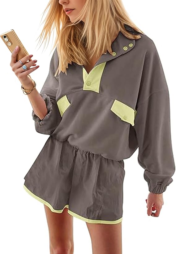 Womens 2 Piece Short Sets Loose Color Block Sweatshirt Short Set and Summer Long Sleeve Pullover Tracksuit with Pocket
