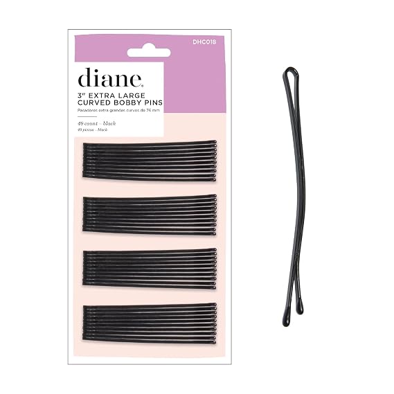 Diane XL 3" Curved Black Bobby Pins 40-count for Thick Hair, Non Slip Professional Hair Pins for Women, Strong Hold Black Styling Pins for Buns, Updos, French Twists, Roller Sets & Bridal Hair