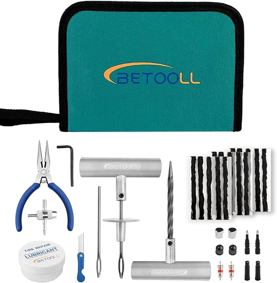 BETOOLL Tire Repair Kit, 35 Pcs Professional Heavy Duty Universal Emergency Flat Tire Repair Kit to Fix Punctures, for car Motorcycle, Truck, Golf Cart, ATV, Tractor, ARB, RV, SUV, Trailer etc.