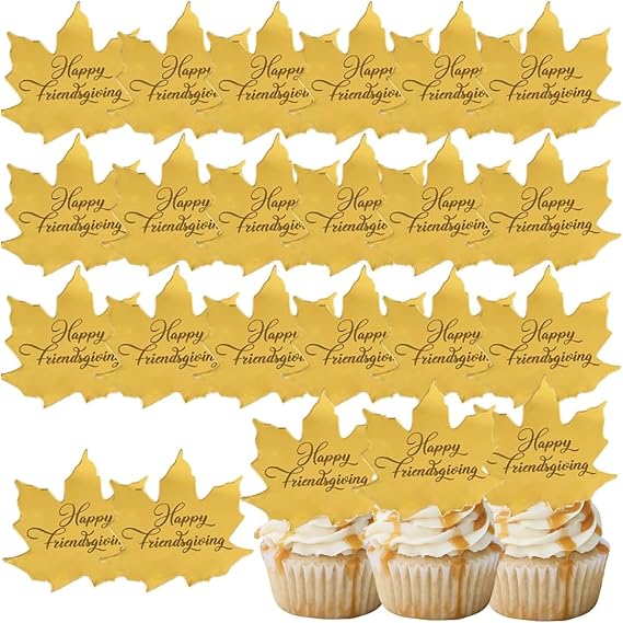Happy Thanksgiving Cupcake Topper - 24 Pcs Gold Fall Maple Leaf Shaped Acrylic Mirror Disc Cake Topper Engraved Thanksgiving Decorations for Autumn Day
