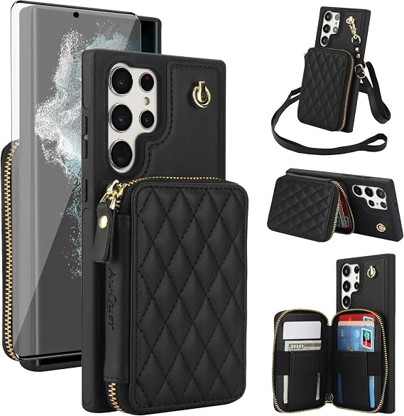 Phone Case for Samsung Galaxy S21 Ultra 5G Wallet Cell Cover with Tempered Glass Screen Protector Wrist Crossbody Strap Lanyard RFID Blocking Card Holder S21ultra 21S S 21 21ultra G5 Women Girls Black