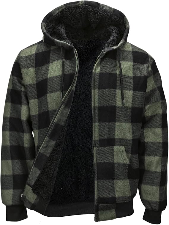 Green Mens Winter Coats, Full-Zip Heavyweight Plaid Flannel Hoodies Warm Hooded Sweatshirt Sherpa Fleece Jackets Size XXL