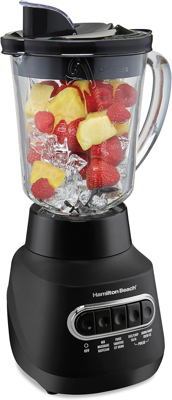 Hamilton Beach Quiet Blender for Smoothies With Wave Action System | 40 oz. Glass Jar | Quiet Design | Stainless Steel Ice Sabre Blades | 800 Watts | Black | 58175J