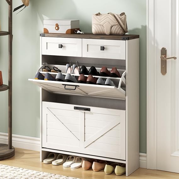 Halitaa Shoe Cabinet with 2 Flip Drawers & 2 Drawers,Farmhouse Shoe Storage Cabinet for Entryway,Slim Freestanding Narrow Organizer Rack for Front Door Entrance,White