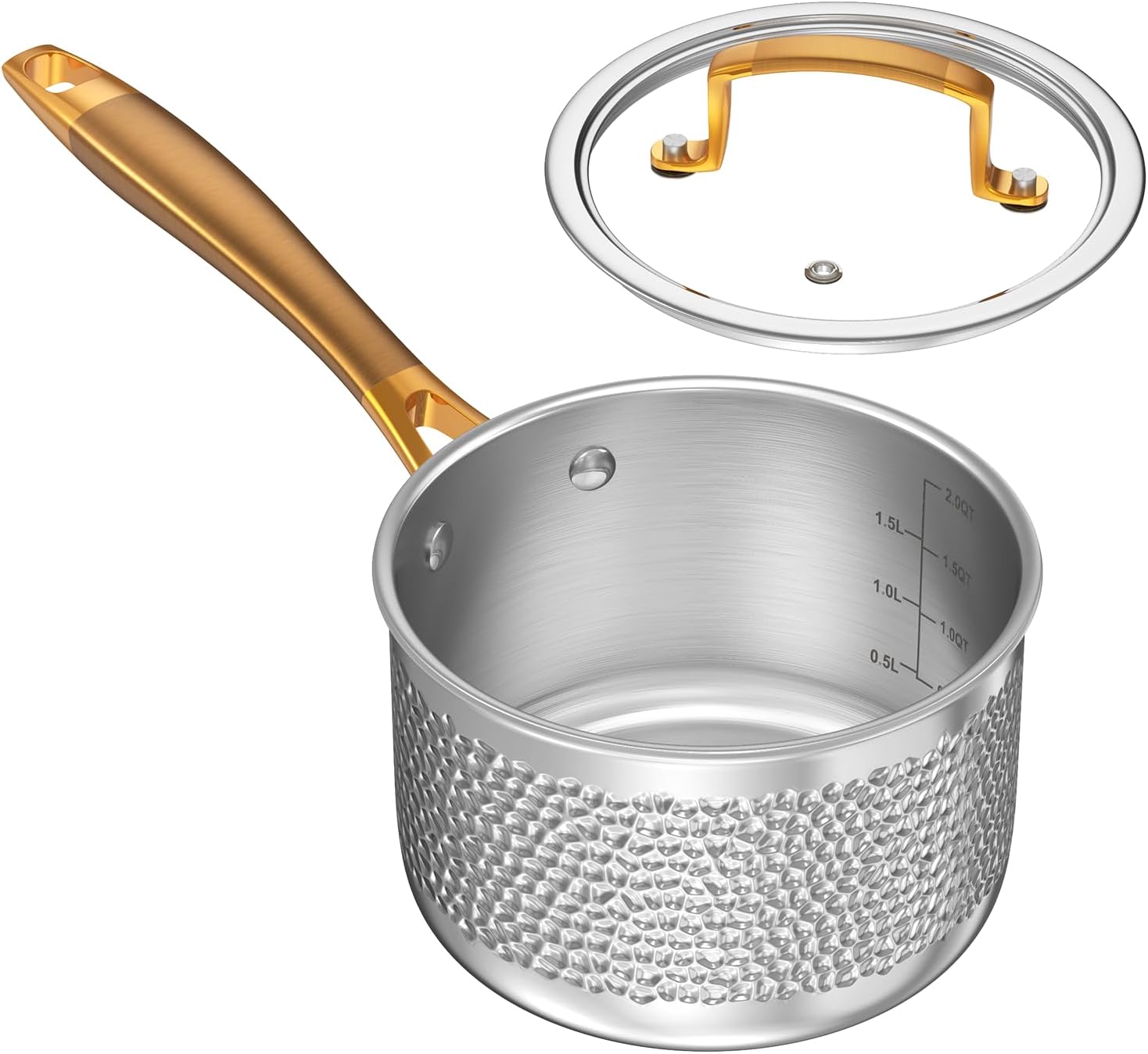 2-Quart Saucepan with Tempered Glass Lid, Tri-Ply Stainless Steel Cookware, Induction Ready, Compatible with All Cooktops, Dishwasher Safe, Non-Toxic, Gold-Colored Stay-Cool Handle