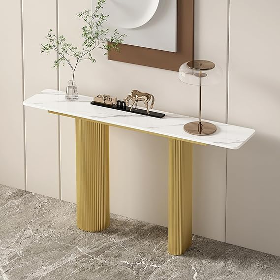 Modern Narrow Console Table for Entryway, Faux Marble Entryway Table Couch Table Behind Sofa for Living Room Hallway Foyer(39 Inch, White &