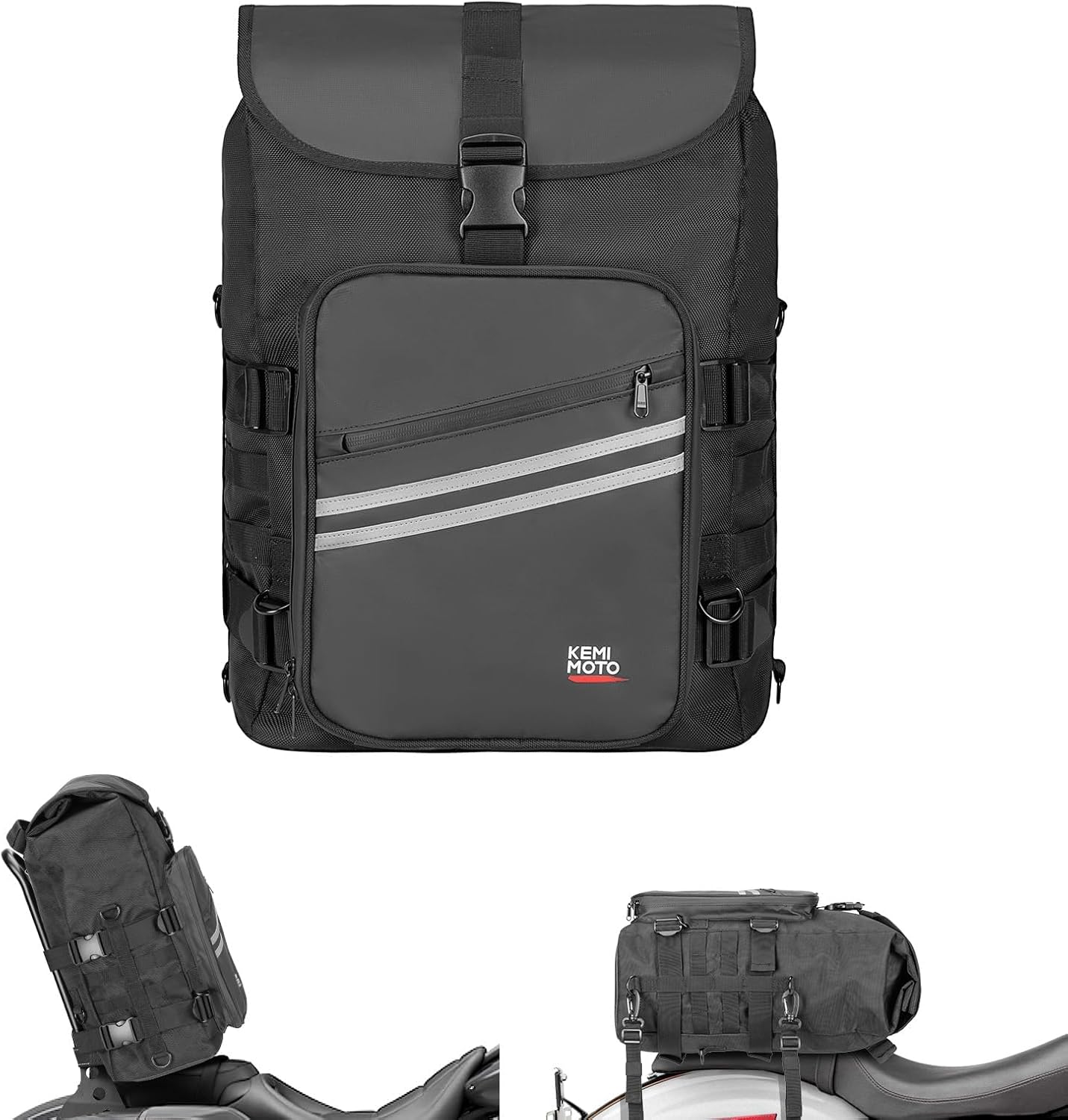 KEMIMOTO Motorcycle Sissy Bar Bag 30L Motorcycle Tail Travel Luggage Bag with Waterproof Rain Cover for Trip Camping Outdoor Motorbike with 4 Straps 1 Shoulder Strap