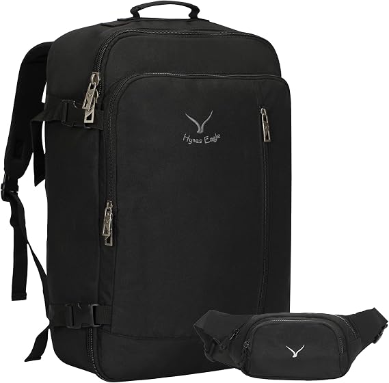 Hynes Eagle Carry on Backpack 38L Large Travel Backpack for Women Flight Approved Weekender Bag Laptop Backpack Men 15 inches Black with Waist Pack Black