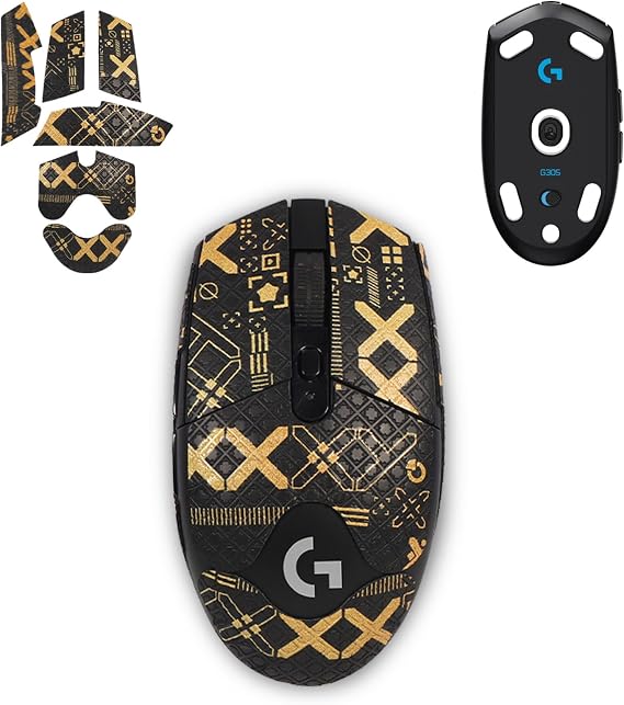 Logitech G305用マウスグリップテープ 1セット フルカバー交換用マウスパッド、超薄型デザインのマウスグリップテープ 吸汗滑り止めグリップステッカー、ゴールド