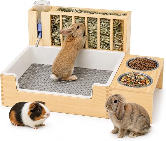 4-in-1 Rabbit Litter Box with Hay Feeder, Waterproof Bunny Toilet