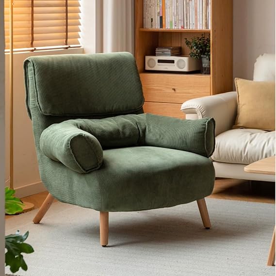 Reading Chair with High Resilience Foam,Solid Wood Armchair,Washable Cover Armchair for Living Room, Bedroom, Balcony(Size:85X90X89cm,Color:Green)