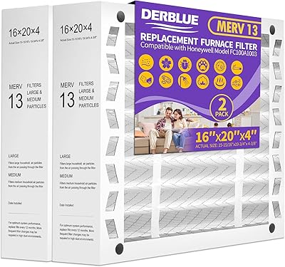 DerBlue 2PACK 16x20x4 MERV 13 Furnace Filter Replacement Compatible with Honeywell FC100A1003 Pleated HVAC,Foldable Design for Easy Installation & Space-SavingActual Size: 15.94 x 19.75 x 4.38 In