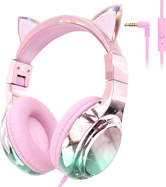 JYPS Kids Headphones, Cute Metallic, 85/94dB Vol Limit Wired Cat Pink