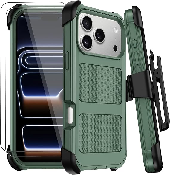 for iPhone 17 Pro Case with Belt Clip Holster,Anti-Drop Shockproof Bumper Phone Cases with 2X Screen Protectors & Kickstand,Rugged Heavy Duty Military Grade Protective Defender Cover (Dark Green)