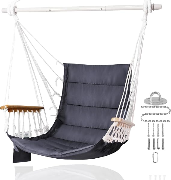 Hammock Chair Porch Hanging Swing Wooden Armrest Dark Grey | Side Pocket, Steel Spreader Bar, Hardware Kit Included, Quilted Fabric, Up to 350 Lbs