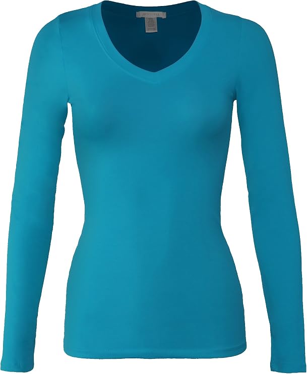Bozzolo Women's RT1201 Basic V-Neck Long Sleeve T Shirt Top Teal L