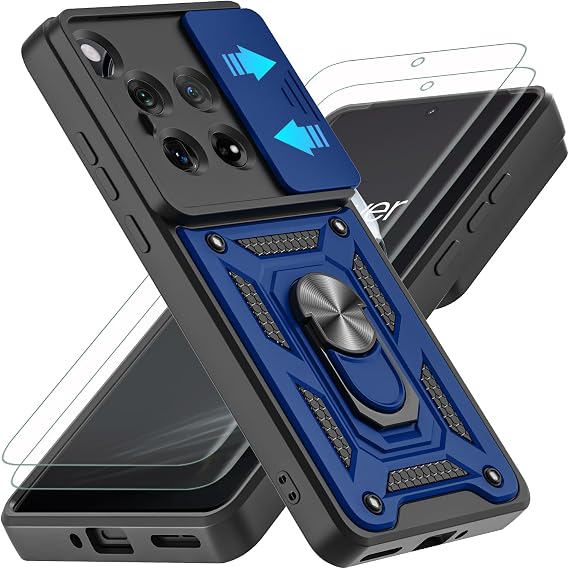 YKHJKLEC for OnePlus 12 Case,[Military Grade] Shockproof with 360 Rotation Metal Kickstand Protective Case with 2Pcs HD Screen Protector (Blue)