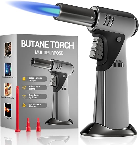 Butane Torch, Refillable Kitchen Cooking Torch Lighter | Safety Lock, Adjustable Flame, For BBQ, Baking, Brulee Creme, For Crafts and Soldering, Butane Gas Not Included