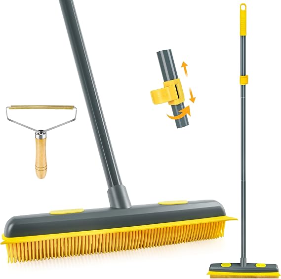 NEWE Rubber Pet Hair Broom with Lint Remover, 146 cm Long Handle Silicone Carpet Brush Removal with Built-in Squeegee for Cleaning Floor (Gray Yellow)