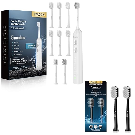 7MAGIC White Sonic Electric Toothbrush Bundle with Genuine Brush Heads for Deep Cleaning 2-Pack