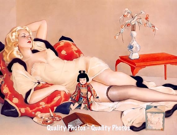 Goods Galore Blonde Woman Reclining with Japanese Doll 8.5x11 Photo Print Alberto Vargas Pin-up Art