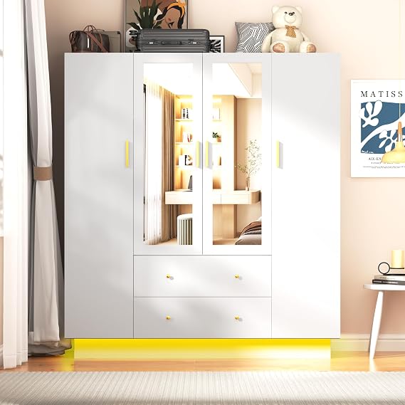 chartustriable 4 Doors Armoire Wardrobe Closet with Mirror, LED Armoire with Doors and Drawers, Wooden Wardrobe Storage Cabinet with Hanging Rod, Adjustable Shelves, White