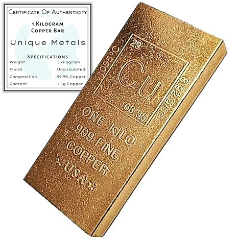 1 Kilo .999 Pure Copper Bar Bullion Paperweight - .999 Pure Copper Chemistry Element Design w/COA by Unique Metals