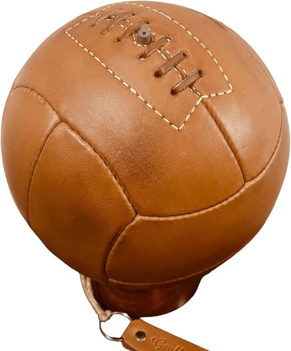 Geoffrey Vintage 12 Panel Soccer Ball 100% Cow Leather with Wooden Base | Size 5 | Retro Football Hand Stitched
