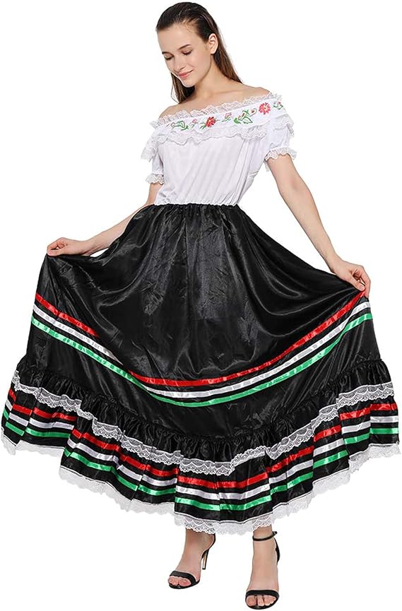 FantastCostumes Women Traditional Mexican Dress Lace Flower Senorita Costume Festival Party Spanish Dress