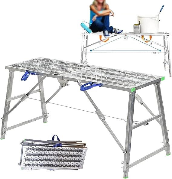 Stepladders Scaffolding platform Multipurpose Folding Scaffolding Work Platform Scaffold Tower Ladder Stool Bench Adjustable Height, 880 Lbs Max Load,Galvanized Steel Welding,180cm