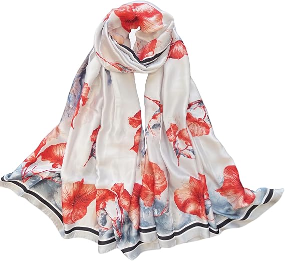 MINIDORA Silk Feeling Lightweight Scarves for Women Long Elegant Floral Pattern Head Wrap Shawls Style 14-Red